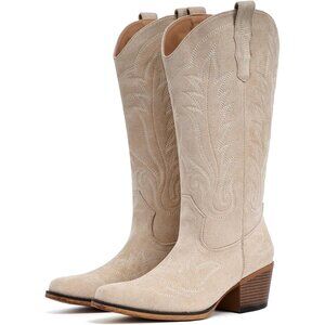 Women Camel Faux Suede Retro Snip Toe Chunky Block Heel Embroidered Boot